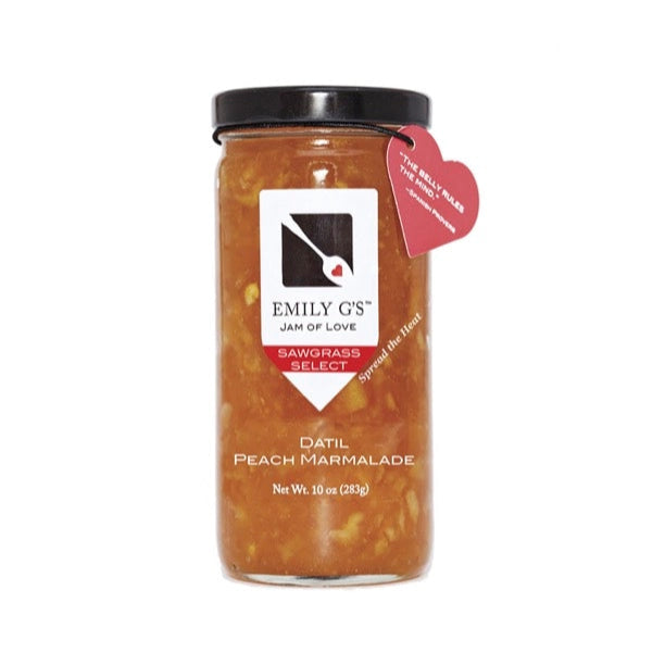 Jar of Emily G's Dattil Peach Marmalade with a red tag on a white background