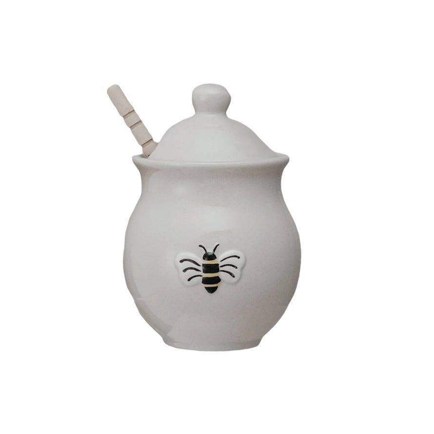 White Bee Honey Jar w/Dipper
