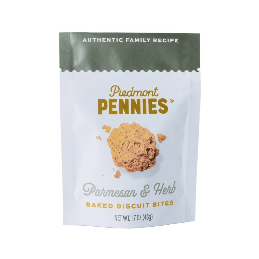Packaging of Piedmont Pennies Parmesan & Herb Baked Biscuit Bites on a white background