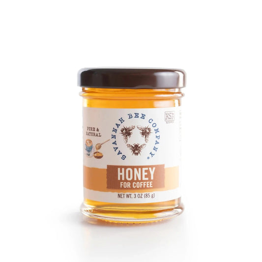 A jar of honey labeled 'Honey for Coffee' by Savannah Bee Company, with a capacity of 3 oz.