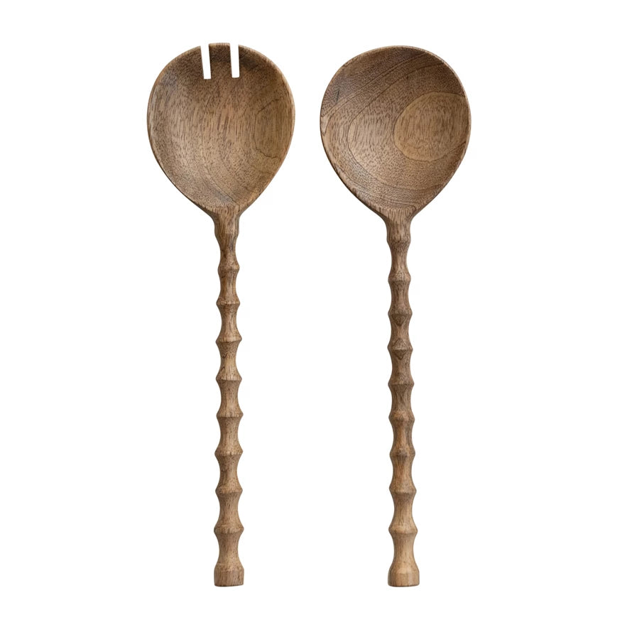 Mango wood salad servers with carved handles