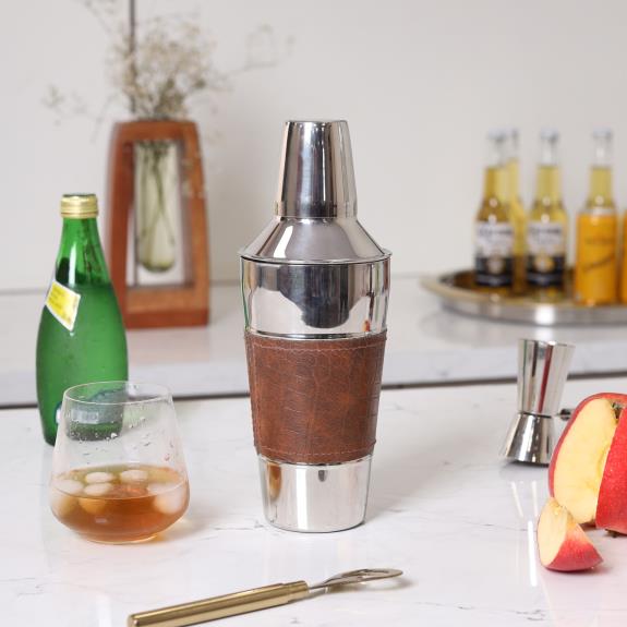 Stainless steel martini shaker with leather