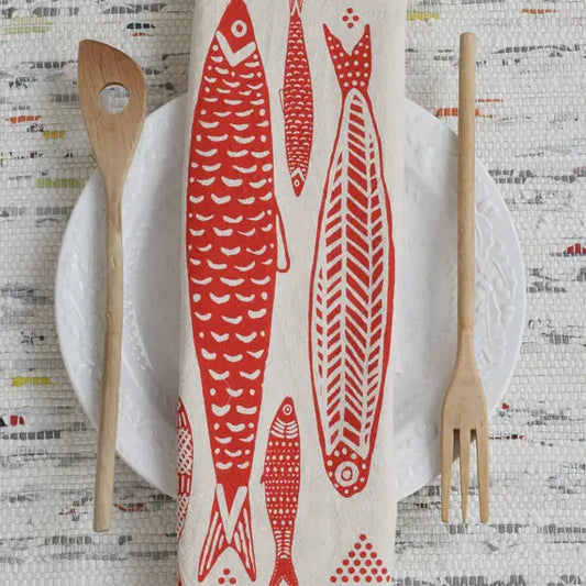 Sardines Tea Towel in Red - Organic Cotton - Fish Print