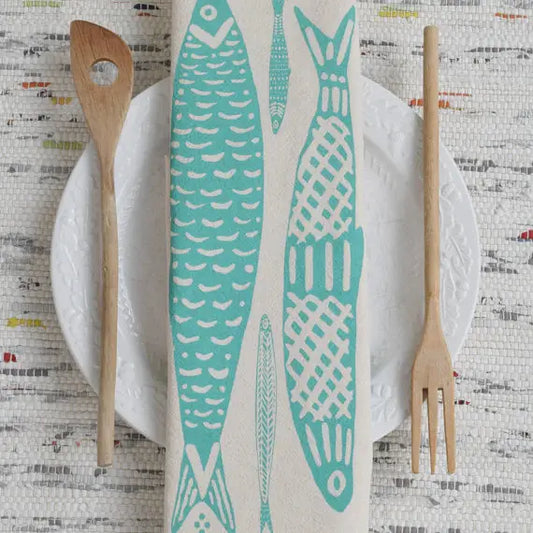 Sardines Tea Towel in Mint Green - Organic Cotton - Fishes