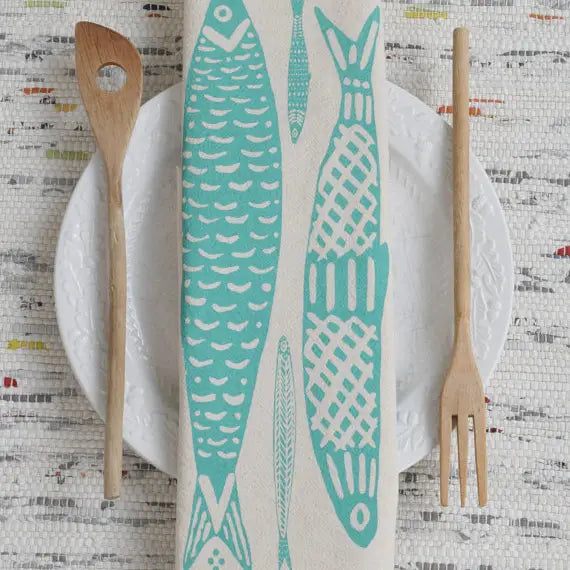 Sardines Tea Towel in Mint Green - Organic Cotton - Fishes
