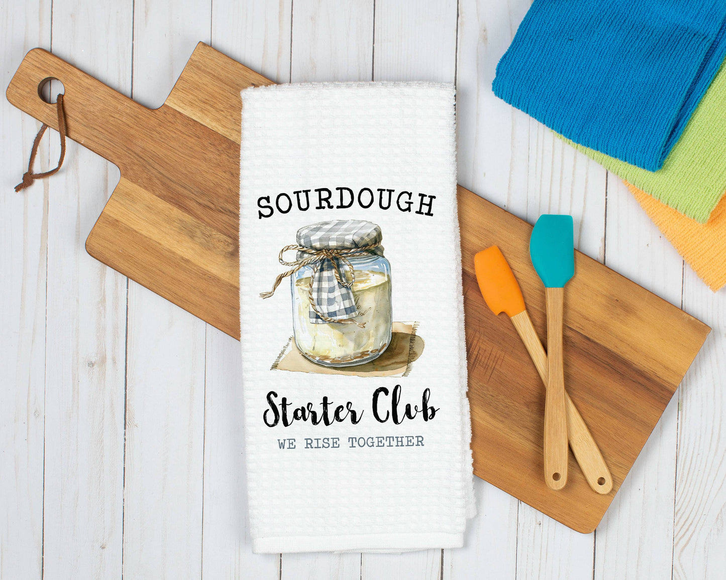 Sourdough Starter Club Dish Towel, Bread Baking Decor: Transparent Cellophane Sleeve with Hanger Flap