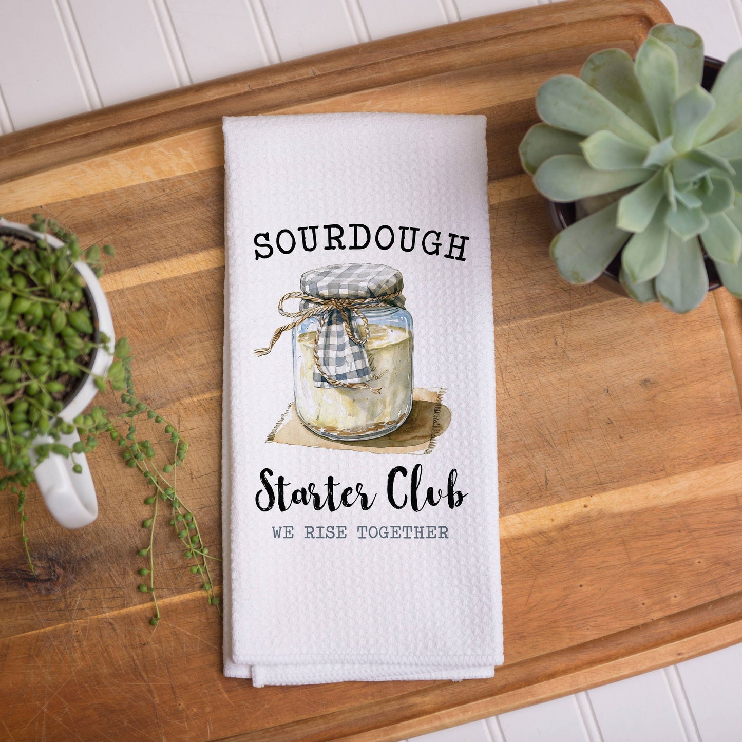 Sourdough Starter Club Dish Towel, Bread Baking Decor: Transparent Cellophane Sleeve with Hanger Flap