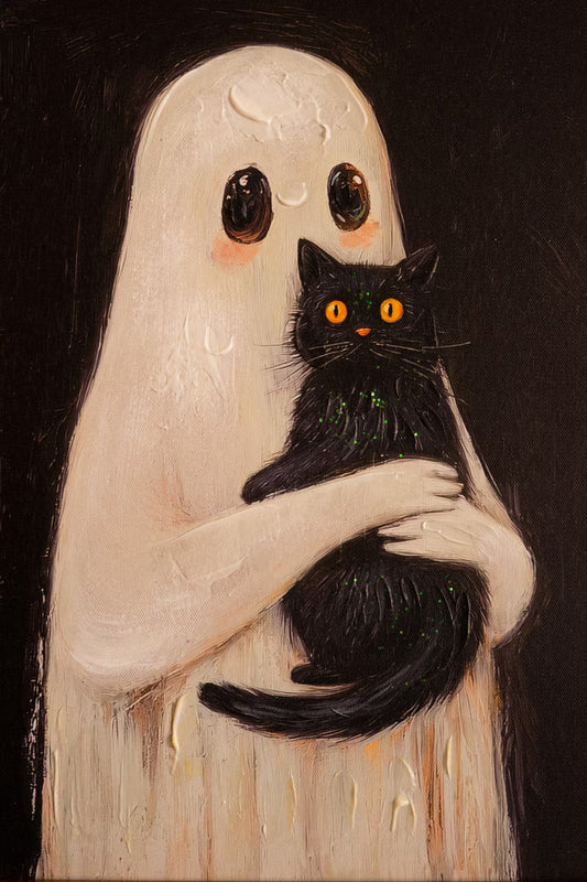 Ghost holding a black cat with a dark background