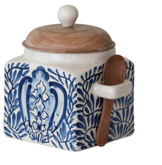 Stoneware canister with wood lid and spoon