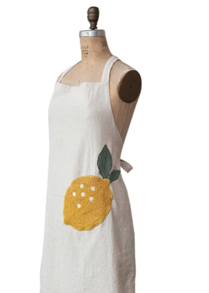 Cotton and linen embroidered apron with pocket
