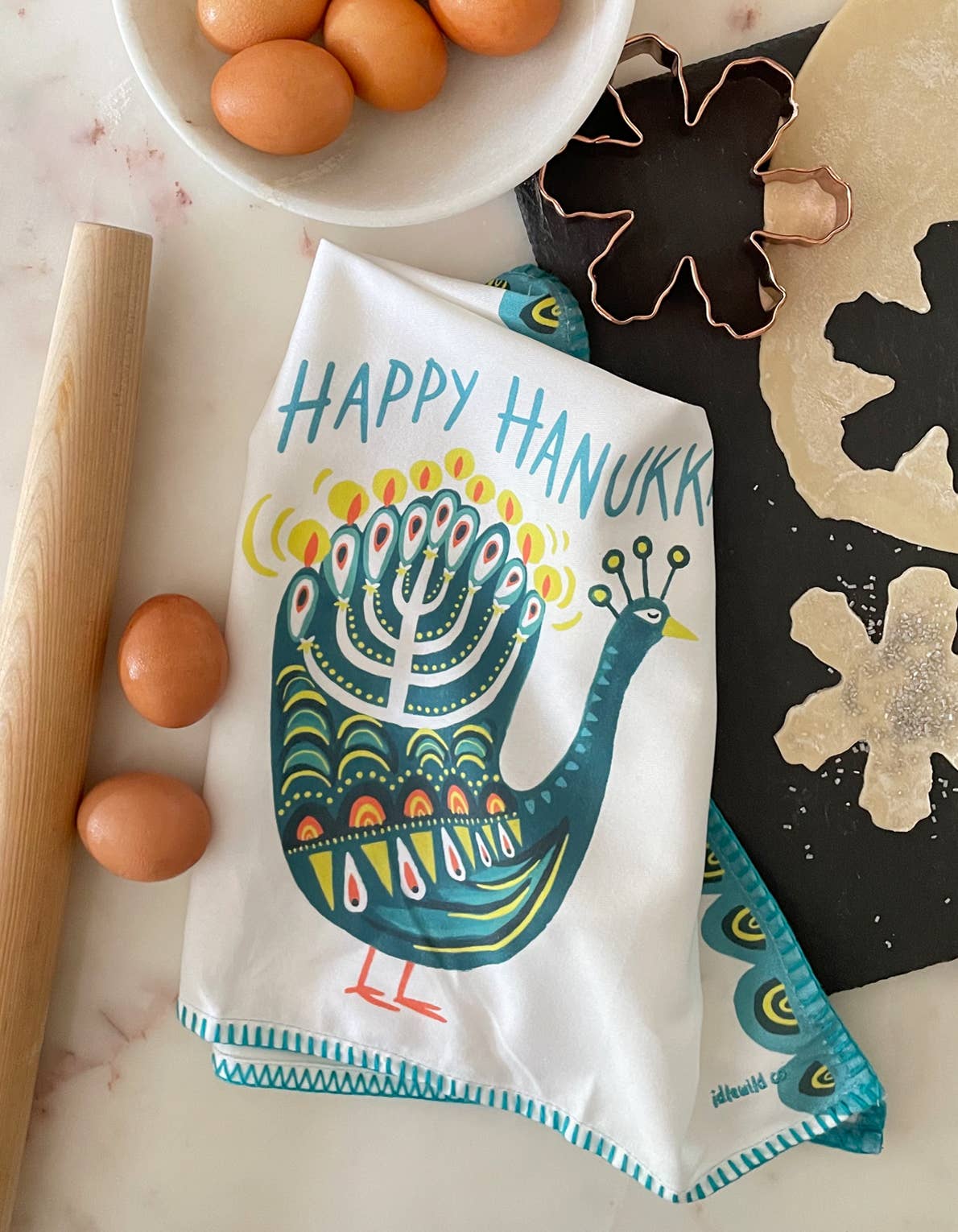 Peacock Menorah Cotton Tea Towel with Embroidered Detail
