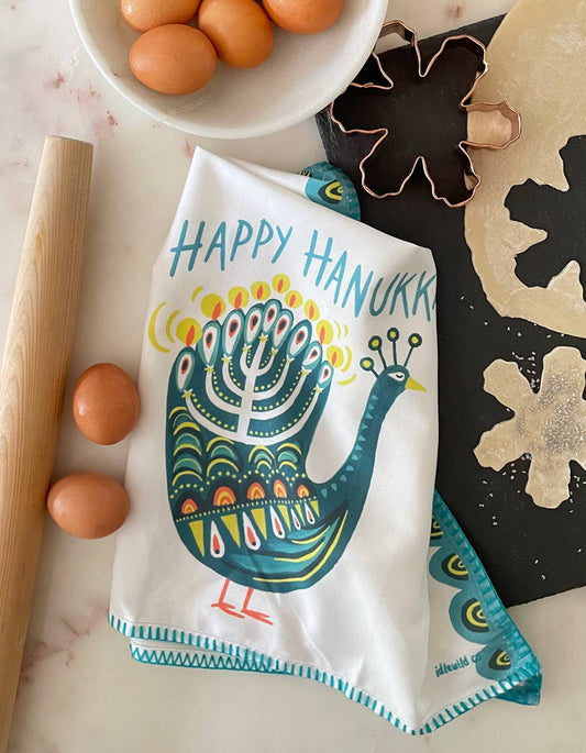 Peacock Menorah Cotton Tea Towel with Embroidered Detail