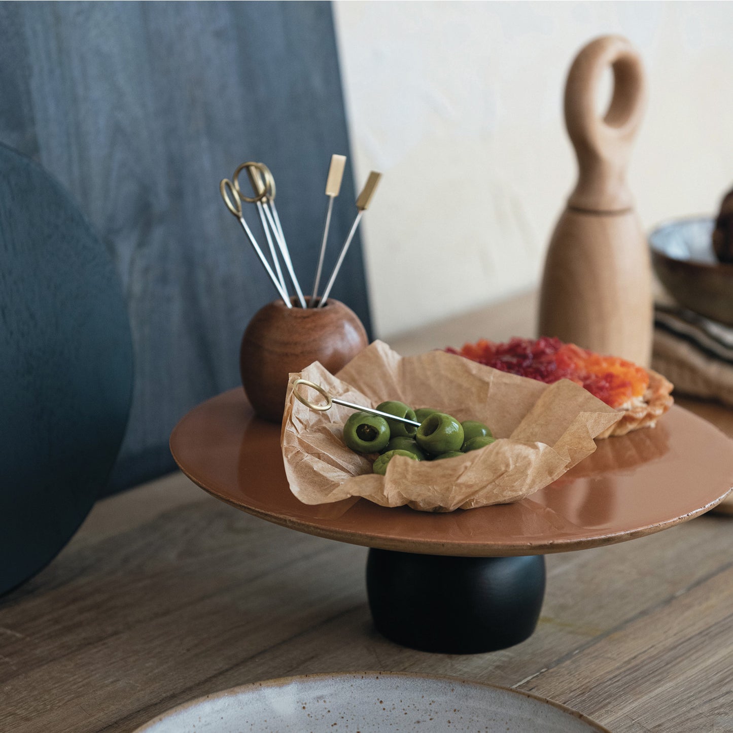 Brass Appetizer Picks w/Mango Wood Holder