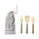 Cheese Knives with Carved Handles, Set of 3 in Drawstring Bag