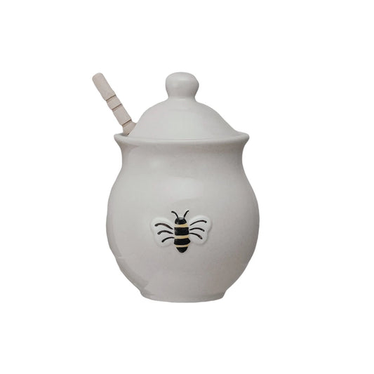 White Bee Honey Jar w/Dipper