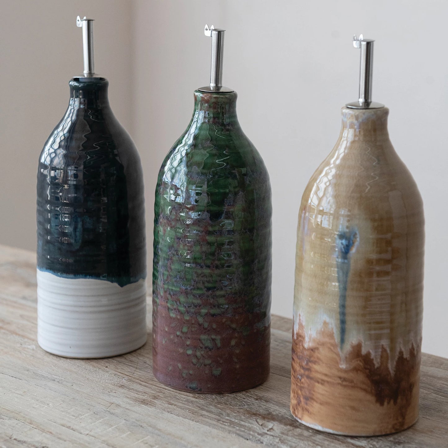 26 oz. Stoneware Oil Cruet with Stainless Steel Spout, 3 Colors (Each One Will Vary)