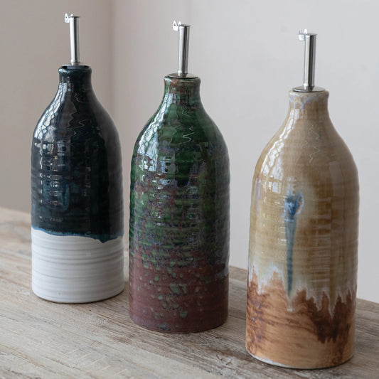 26 oz. Stoneware Oil Cruet with Stainless Steel Spout, 3 Colors (Each One Will Vary)