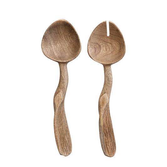 Carved mango wood salad servers