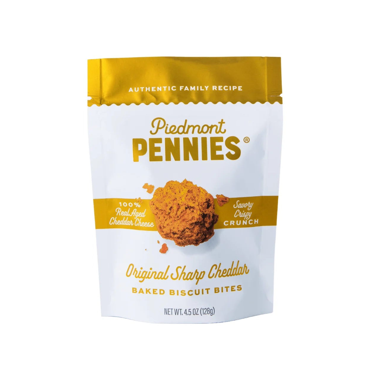 Piedmont Pennies baked biscuit bites packaging on a white background