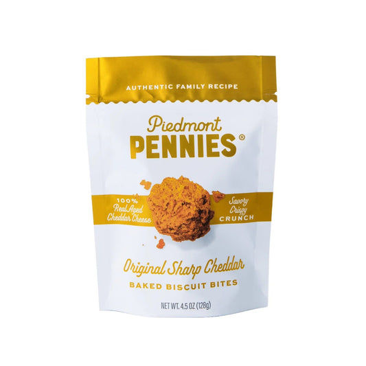Piedmont Pennies baked biscuit bites packaging on a white background
