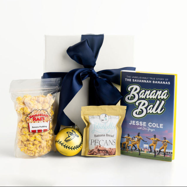 Savannah Bananas Gift Set with popcorn, baseball ornament, and book titled 'Banana Ball' on a white background