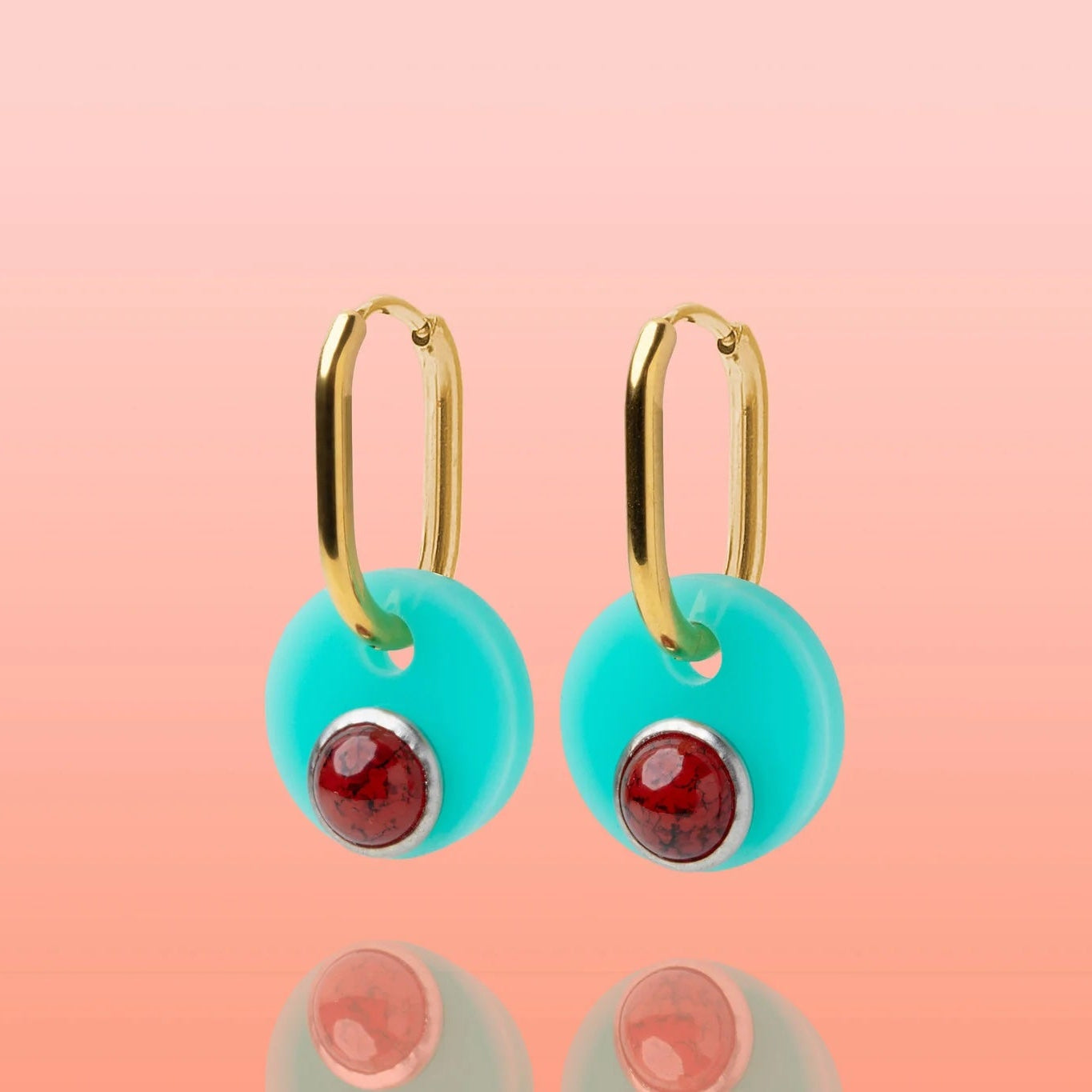 Deco Glam Medallion Oval Hoops Lt Blue + Red Stone