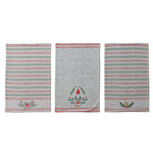 Tea Towel with Holiday Image, Embroidery & Terry Cloth Back, 3 Styles