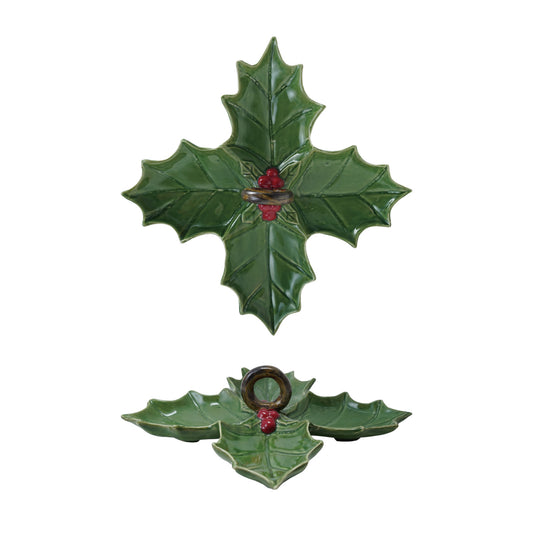 Holly Leaf Dish w/ 4 Sections & Handle